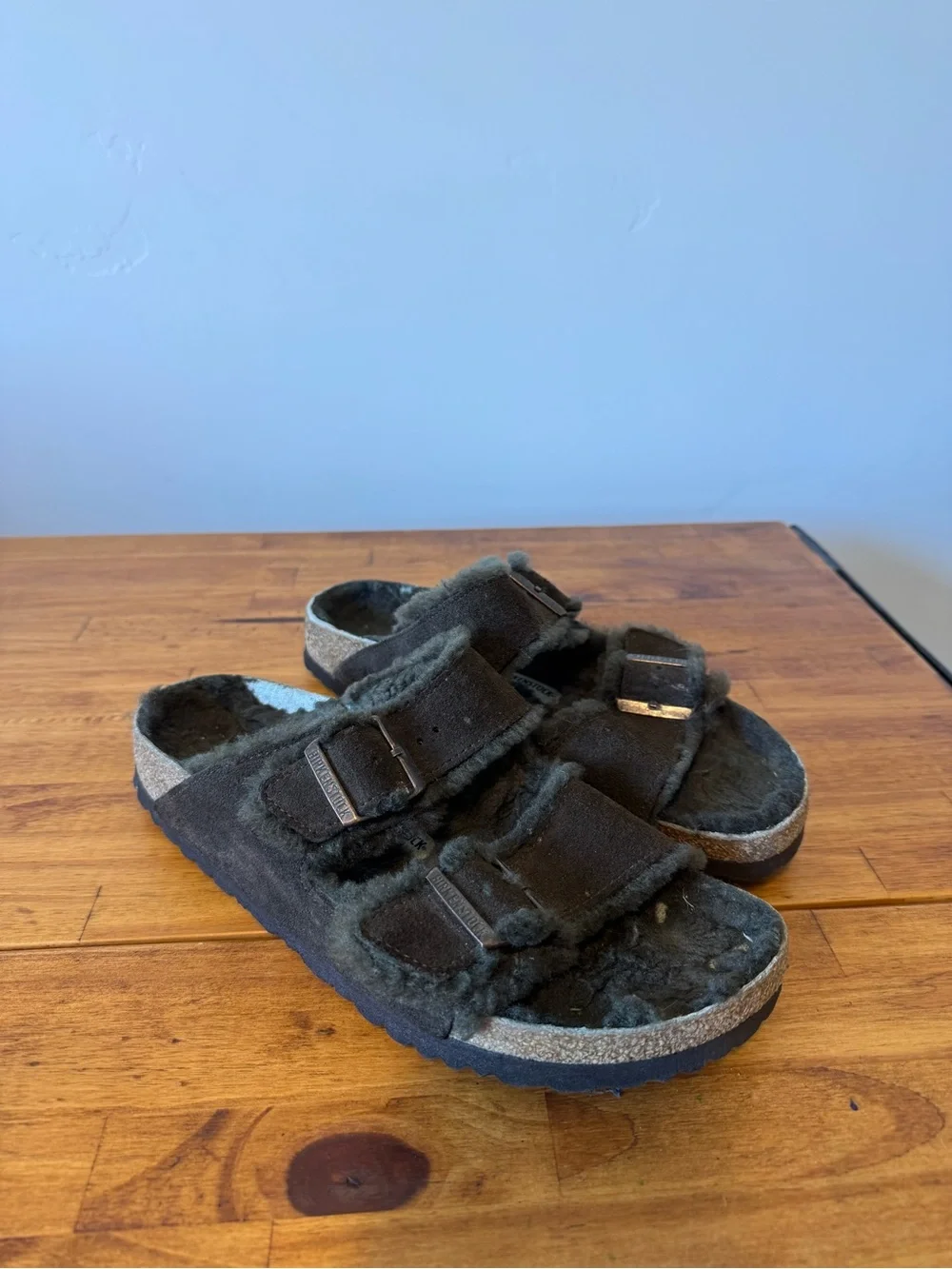 Birkenstock Arizona Shearling Slide Sandals Suede Leather Dark Brown Size 42